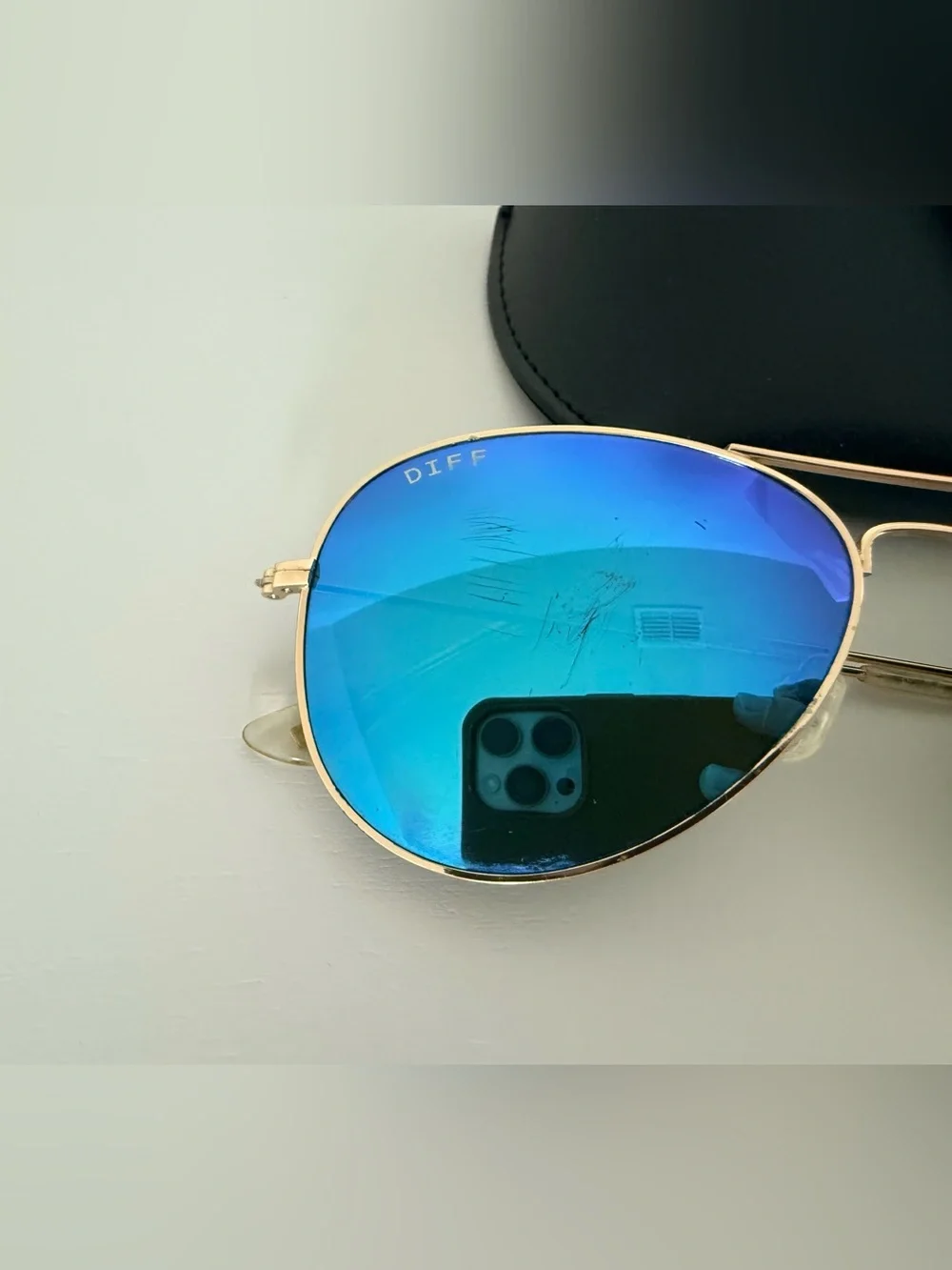 DIFF Eyewear Gold Aviator Blue Mirrored Sunglasses + Case